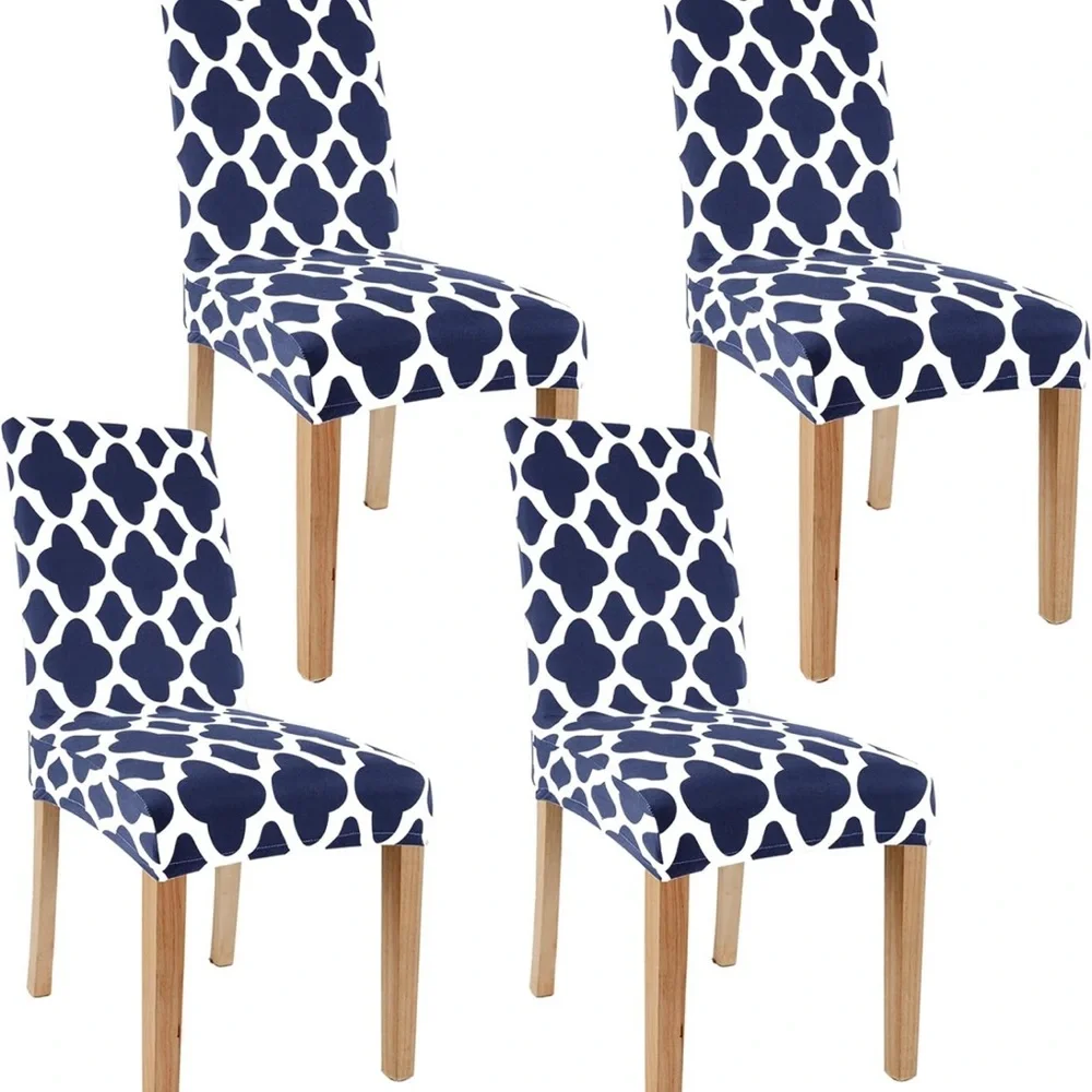 6 chair covers, white and blue with designs.